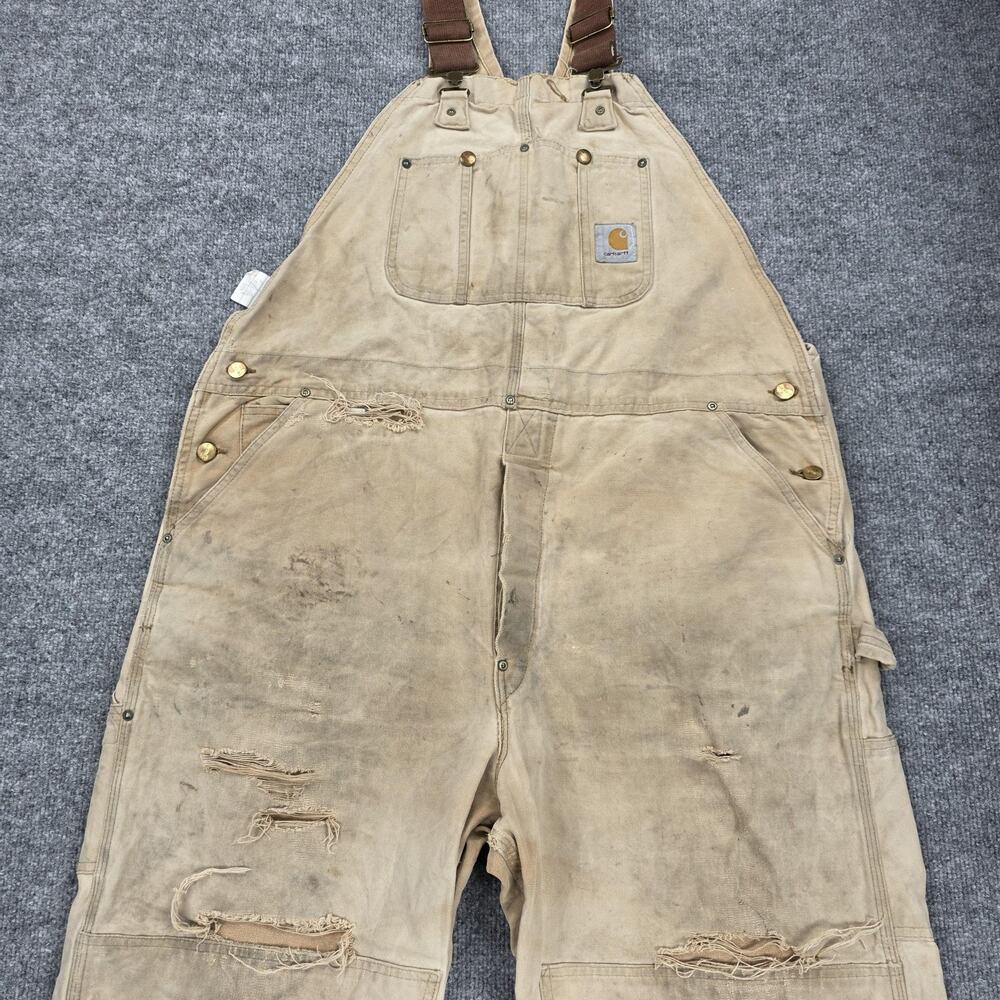 Carhartt Bib Overalls Mens 44x32 Duck Double Knee Distressed R01 BRN Vintage USA - Picture 8 of 16